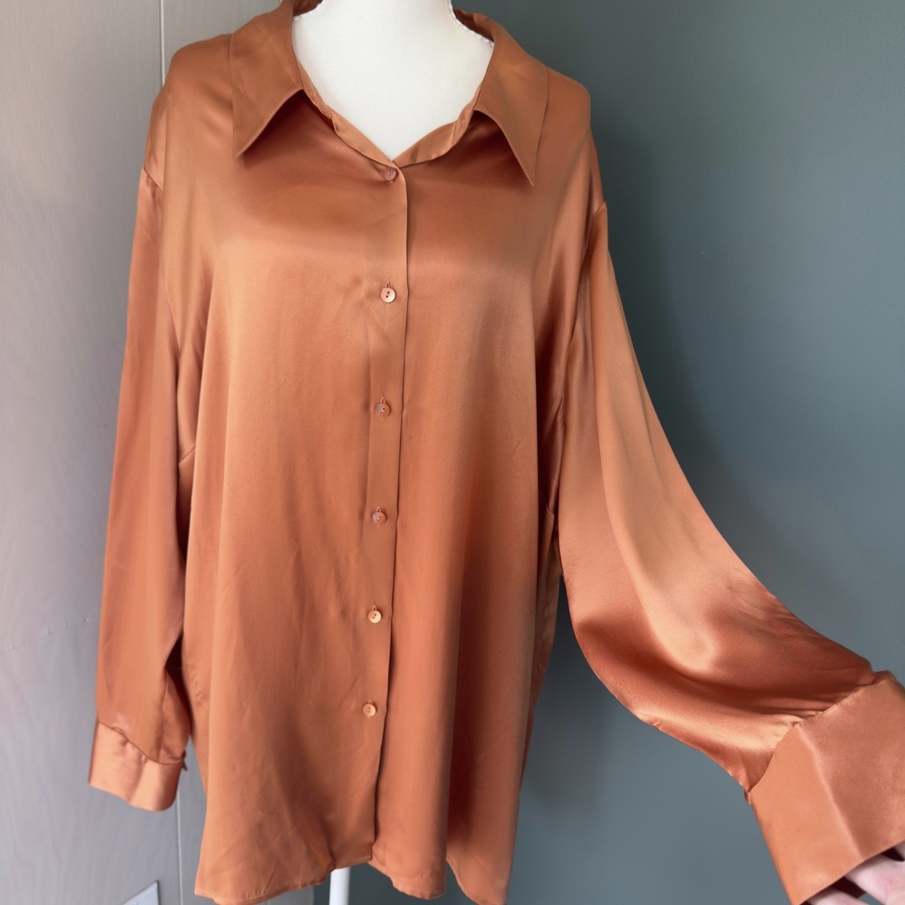 Bob Mackie Studio 100% Silk Button Down Shirt Burnt Orange Plus Size 30